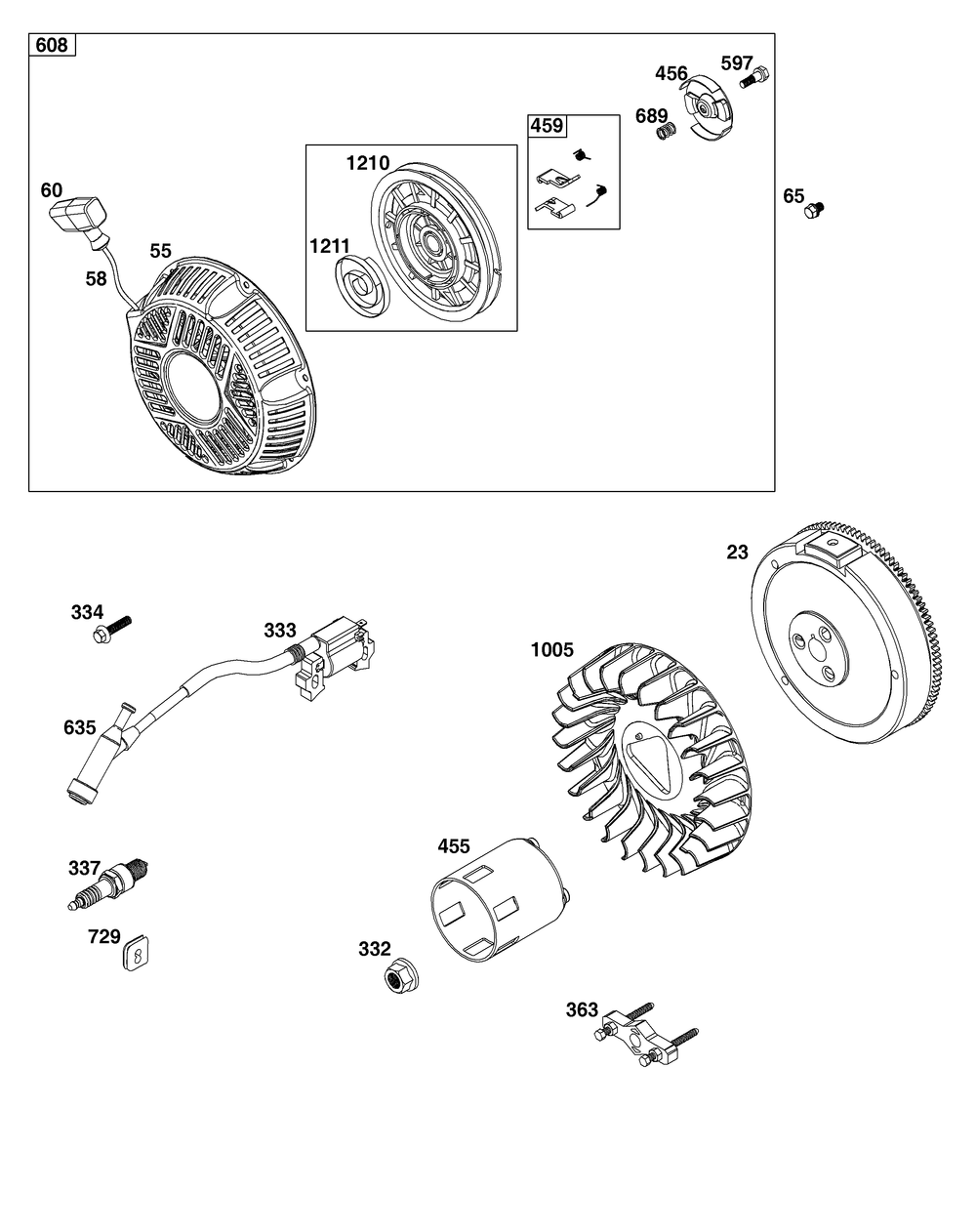 Flywheel, Ignition, And Starter Group Diagram and Parts List for 25T232-0326-H5 200000 - 399999 Briggs and Stratton Engine